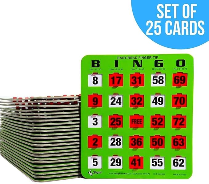 Regal Bingo - Shutter Slide Bingo Cards Only - 8” x 9” - 5-Ply Green Cardstock - Easy to Read - No Duplicates - Red Sliding Windows - Perfect for Large Groups, Bulk Purchasing