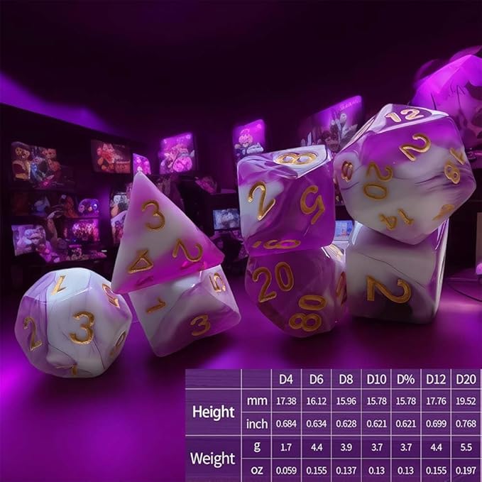 DND Dice Set, 7 Pcs Dice for Dungeon and Dragons D&D RPG Role Playing Games Dice Set with D20 D12 D10 D% D8 D6 D4(Purple Mixed White)