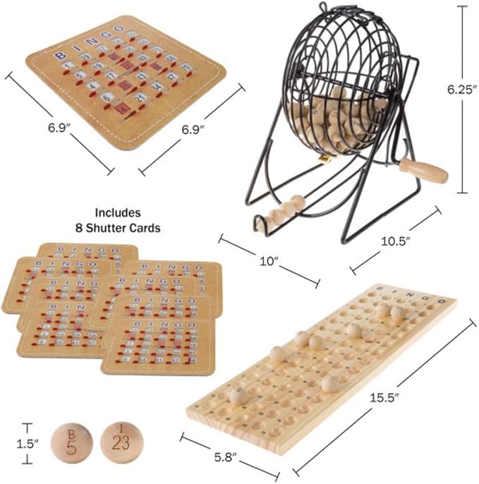 Hey! Play! Deluxe Bingo Game with Metal Ball Spinner, Wooden Bingo Balls, Wood Master Board, and Different Shutter Bingo Cards for Up to 8 Players