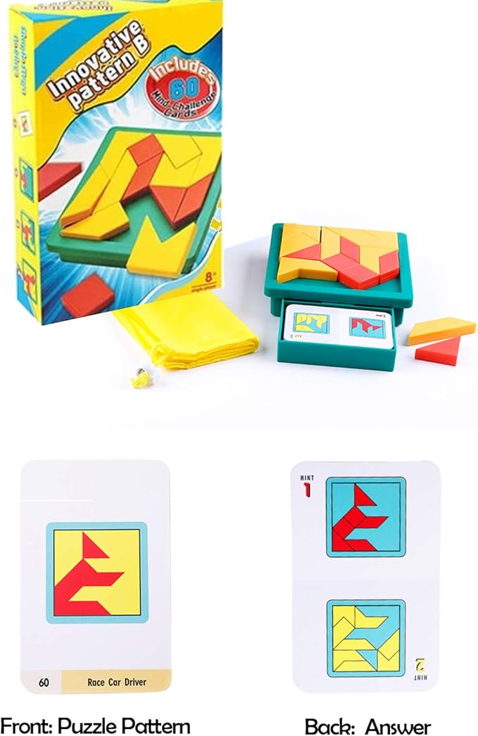 Tangram Puzzle Creative Pattern Logic Game for Age 6 to Adult Learn Logical Reasoning Skills Innovation Toys Educational Game Board Parent-Child Game Montessori Gift Toy for Kids 60pcs Cards