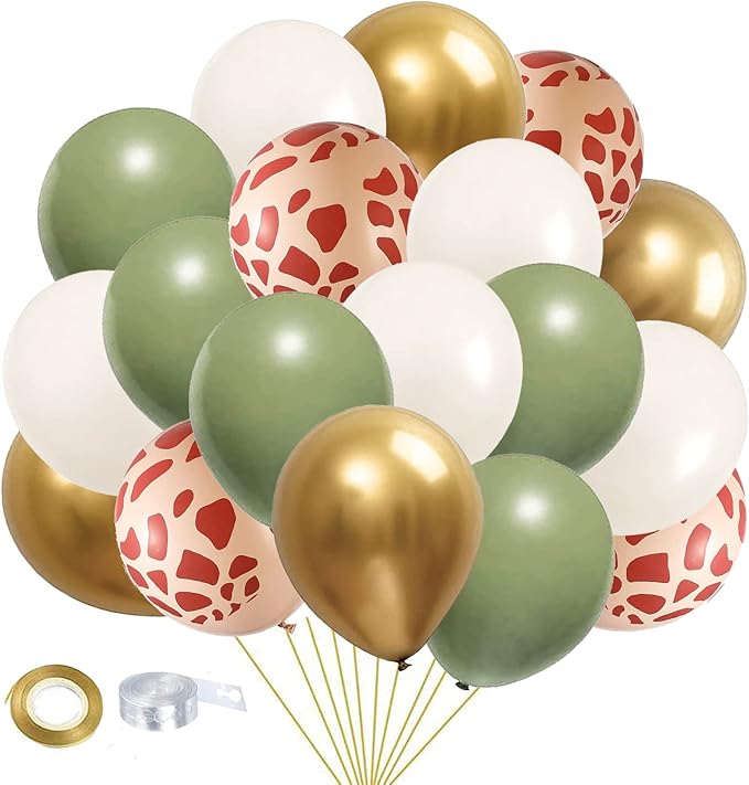 Safari Jungle Balloons Kit, 50pcs Sage Green White Sand Gold Balloons with Animal Print Balloons for Wild One Tropical Party Supplies Olive for Boy First Bithday Baby Shower Jungle Theme Party