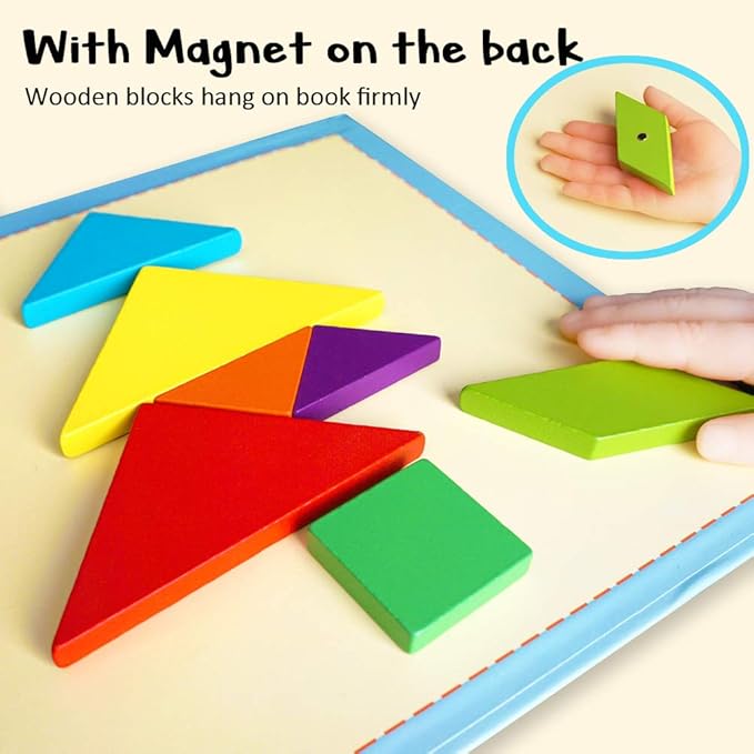 BEESTECH Wooden Tangram Puzzle Book, Travel Games for Kids in Car, Plane or Take Out for Restaurant, Educational Learning Puzzles Toys, On The Go Toys for Kids, Boys, Girls 3,4,5,6,7,8 Years Old