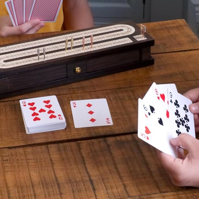 Regal Games Cribbage Board Game Set with Card Storage, Wooden Board & 9 Metal Pegs - Unique Luxury Classic Board Games - Ideal for 2-4 Person