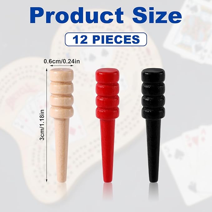 12pcs Cribbage Pegs, Wooden Cribbage Board Pegs Fit 1/8 Inch Holes Crib Pins Cribbage Accessories for Traditional Cribbage Board Game (Red, Black, Wood)