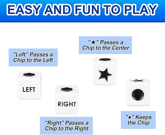 Left Right Center Dice Game Set - 4 Pack with 3 Dice, 24 Chips, and Instructions per Set - Easy Storage Box Design for Travel,School, Parties, and Family Gathering (4)