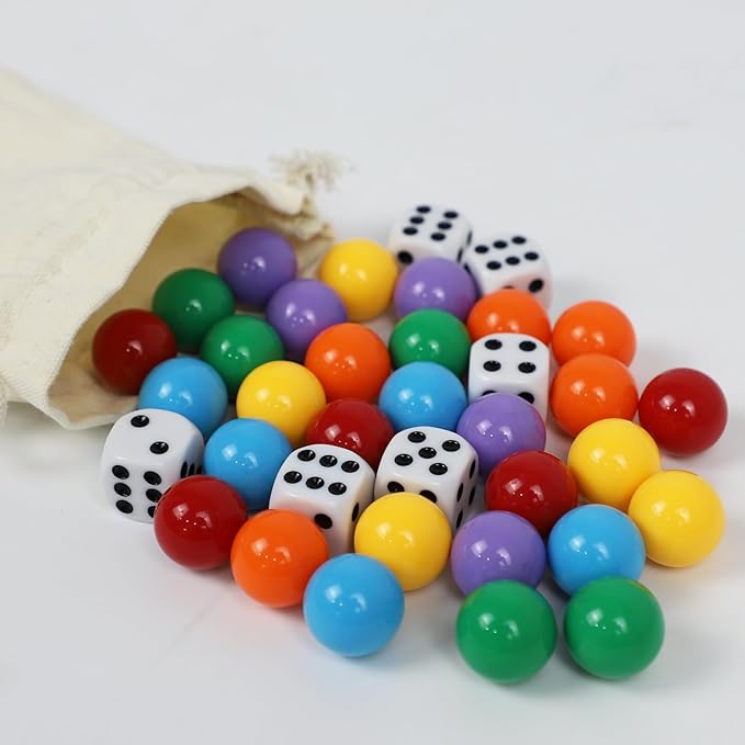 Large Size18MM 30 Wahoo Board Game Replacement Marbles 5 Each of 6 Colors 6 Dice and a Play Bag for Wahoo Board Game