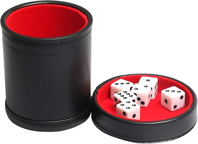 Leatherette Dice Cup with Lid, Includs 16mm Regular Dices, Red Felt Lining Dice Shaker Quiet for Playing Yahtzee/Farkle/Liars Dice/Board Game