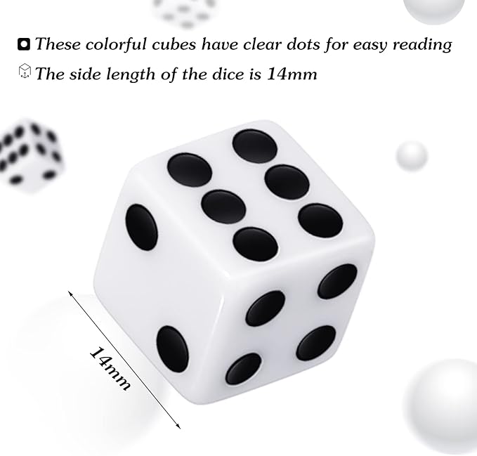 6-Sided Games Dice Set, Colored Dice with Black Velvet Pouches for Playing Games, Like Board Games, Dice Games, Math Games, Party Favors and More (Black, White, 14 mm)