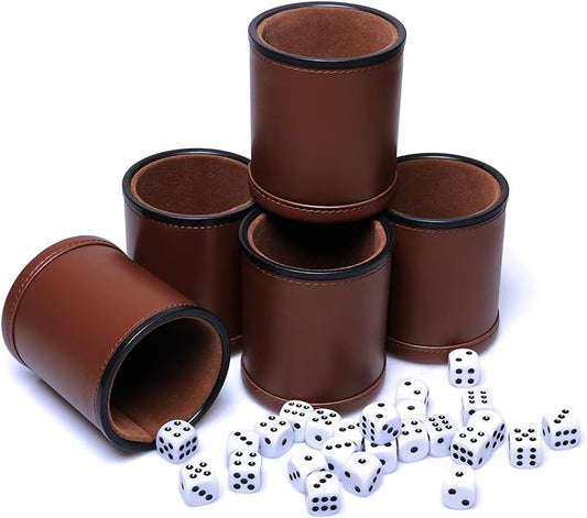 5 Pack PU Leather Dice Cups Felt Lining Quiet Shaker with 30 Dot Dice for Bar Party Yahtzee Farkle Dice Games