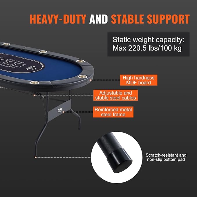 VEVOR 10 Player Poker Table Foldable, Portable Folding Card Board Game Table, Blackjack Texas Holdem Table with Padded Rails and Stainless Steel Cup Holders,Blue (84 in), Casino Leisure Table