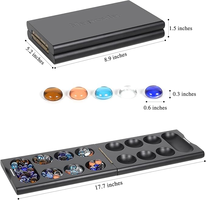 Wooden Mancala Board Game Set with 48 + 24 Bouns Multicolor Glass Stones Portable Folding Board for 2 Players Classic Travel Games for Adults and Kids