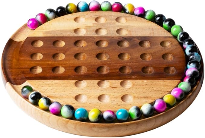 Premium 10-Inch Wooden Solitaire Board – 36 Colorful Marbles on Mixed Wood – Strategy Game for Adults & Family – Classic Solo Board Game