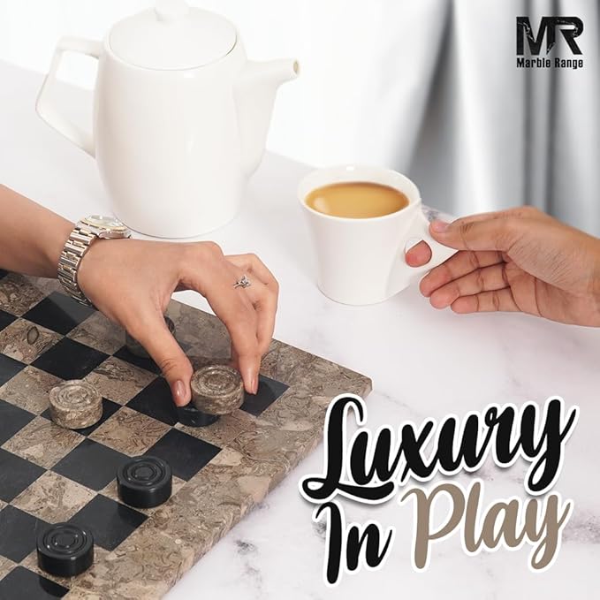 Marble Checkers Board Game 15 Inches Oceanic and Black Handmade 2 Player Tournament Checker Set, Board Games Sets - Draughts Checker