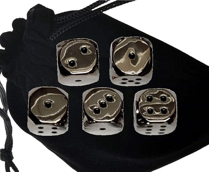 Cyber Deals Set of 5 Solid Zinc Alloy Metal Polished Finish 16mm Dice, Rounded Corners with Black Velvet Cloth Pouch Silver with Black Dots
