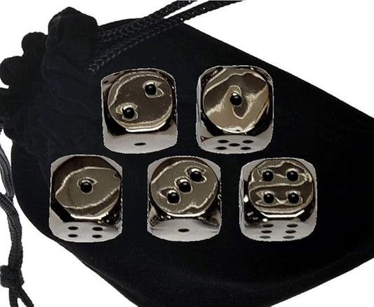 Cyber Deals Set of 5 Solid Zinc Alloy Metal Polished Finish 16mm Dice, Rounded Corners with Black Velvet Cloth Pouch Silver with Black Dots
