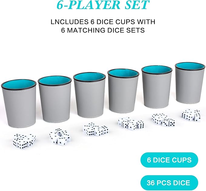 Felt-Lined PU Leather Dice Cup Set, 6 Quiet Dice Shaker Cups with 36 Dices for Bar Party Yahtzee Farkle Dice Games, Grey and Blue