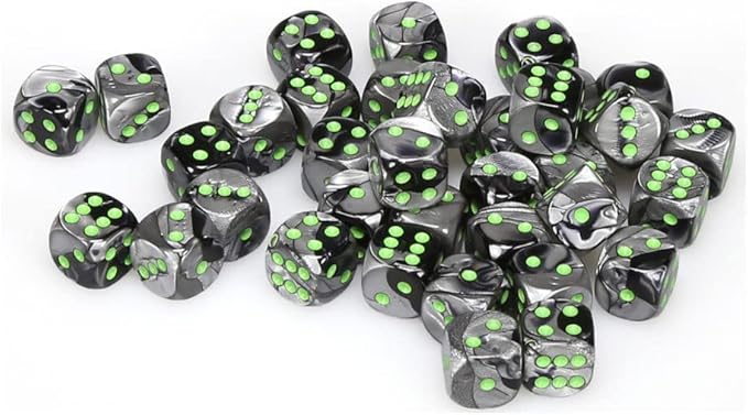 Chessex d6 Sets: Gemini Black & Grey/Gray with Green - 12mm Six Sided Die (36)