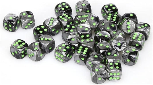 Chessex d6 Sets: Gemini Black & Grey/Gray with Green - 12mm Six Sided Die (36)