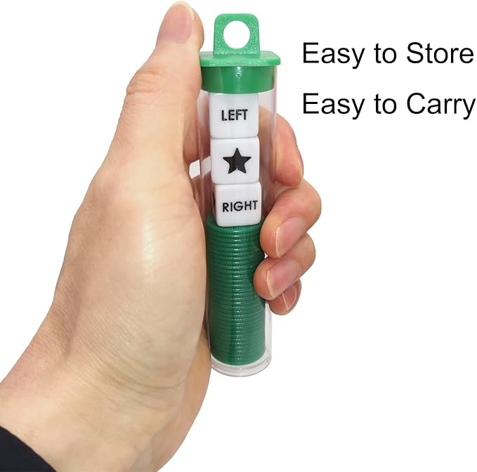 Left Right Center Dice Game Prime Set Bundle with 3 Dices + 36 Chips. Round Tube Storage is Very Convenient for Travel. Easy to Store, Carry Around. (Green)