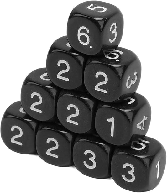 20Pcs Black 6 Sided Number Dice, Round Corner Polyhedral Dice, Polyhedral Dice Role Playing Dice for Numeral Teaching Board Games, DND RPG Wow Table Games (16mm)