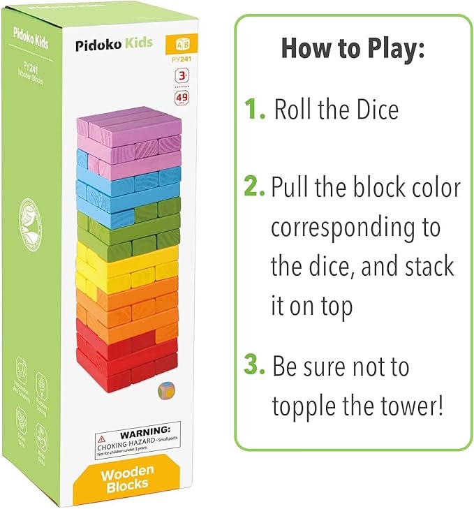 Pidoko Kids Wooden Stacking Building Blocks (49 Pcs) - Colorful Tumbling Blocks Board Games for Family Game Night - Montessori Toys Gifts, Includes Storage Bag