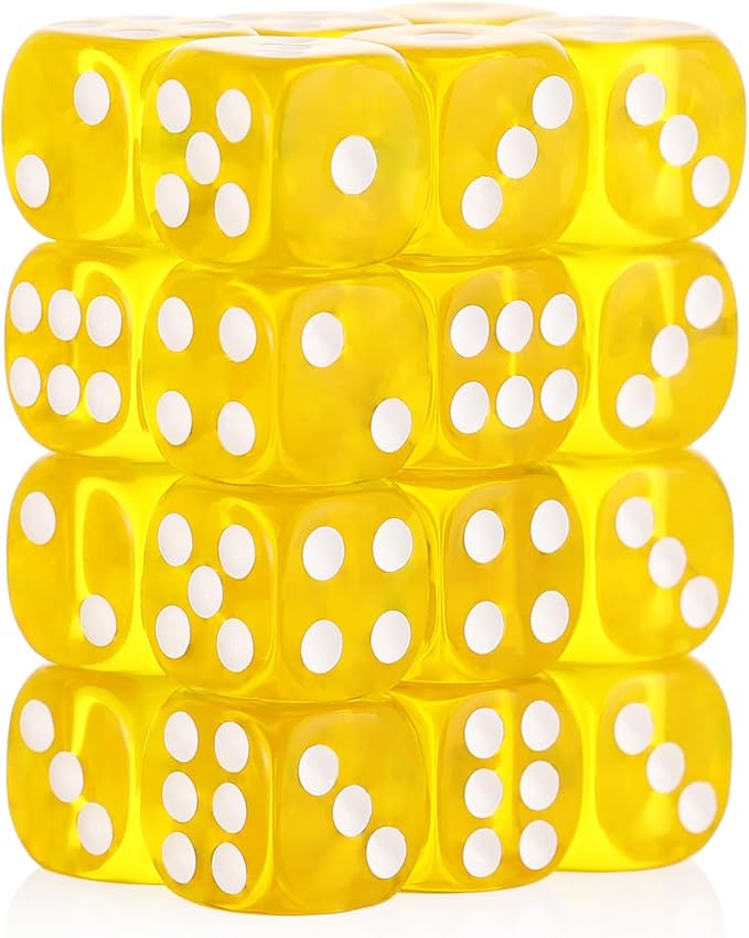 24 of Pack 16MM 6 Sided Dice Set,Translucent Colors D6 Game Dice Set, 6 Sided Standard Dices for Yahtzee, Bunco or Teaching Math,with Portable Dice Pouch(Yellow)