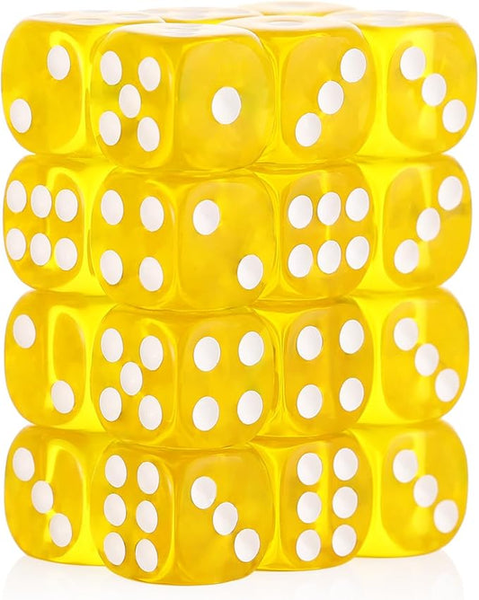 24 of Pack 16MM 6 Sided Dice Set,Translucent Colors D6 Game Dice Set, 6 Sided Standard Dices for Yahtzee, Bunco or Teaching Math,with Portable Dice Pouch(Yellow)