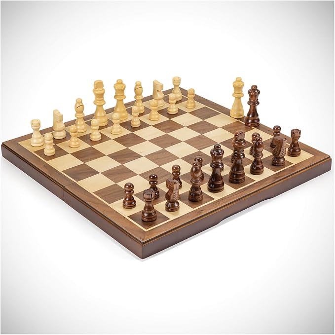 Chess Set Board Games for Adults: Handmade Walnut Wooden 15" 2 Extra Queens Folding Portable Travel Gift idea Pieces Storage Bags Instructions