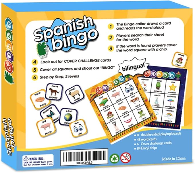 Spanish English Bilingual Bingo with Challenging Cards Vocabulary Language-Learning Educational Reading Games for Kids Ages 5+