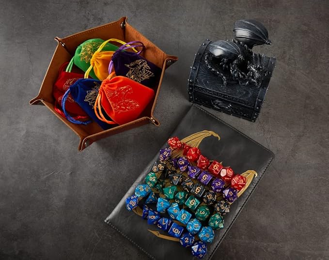 6 Sets DND Dice Polyhedral Dungeons and Dragons Rolling Dice for RPG MTG Table Games with Free Six Drawstring Bags and PU Leather D&D Dice Tray (Single with Brown Tray)