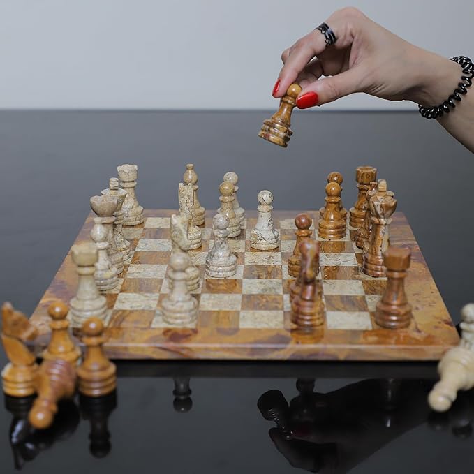 15 Inch Luxury Chess Set Classic Chess Boards for Adults with Handcrafted Stone Board & Marble Chess Pieces Ideal for Home Decor (Red & Coral)