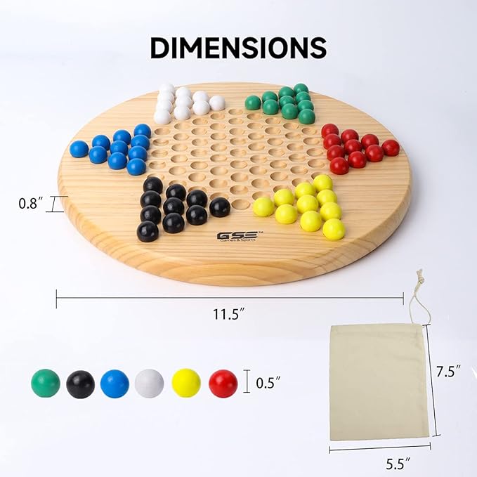 GSE Games & Sports Expert 11.5" Natural Wood Chinese Checkers Board Game Set with 66 Colorful Wooden Marbles, Classic Strategy Family Board Game for Kids & Adults
