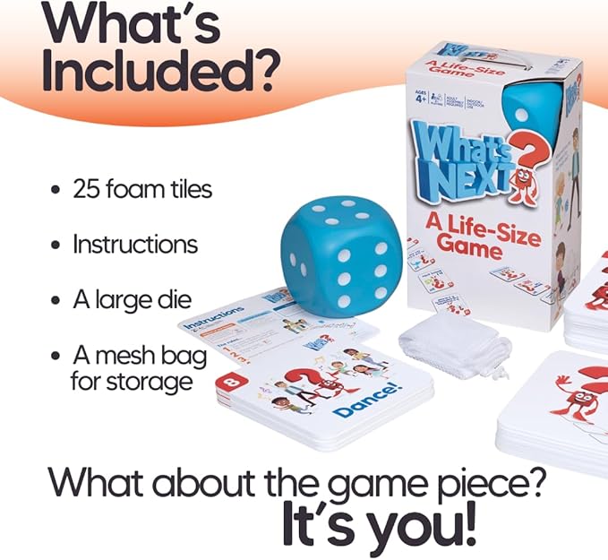 M&J Games What's Next? A Life-Size Game, Jumbo Sized, Create Memories, Family Game Night, Elementary School Class Activity, Interactive Board Game, Floor Game, Ages 4+, 25 Action Tiles, Giant Foam Die