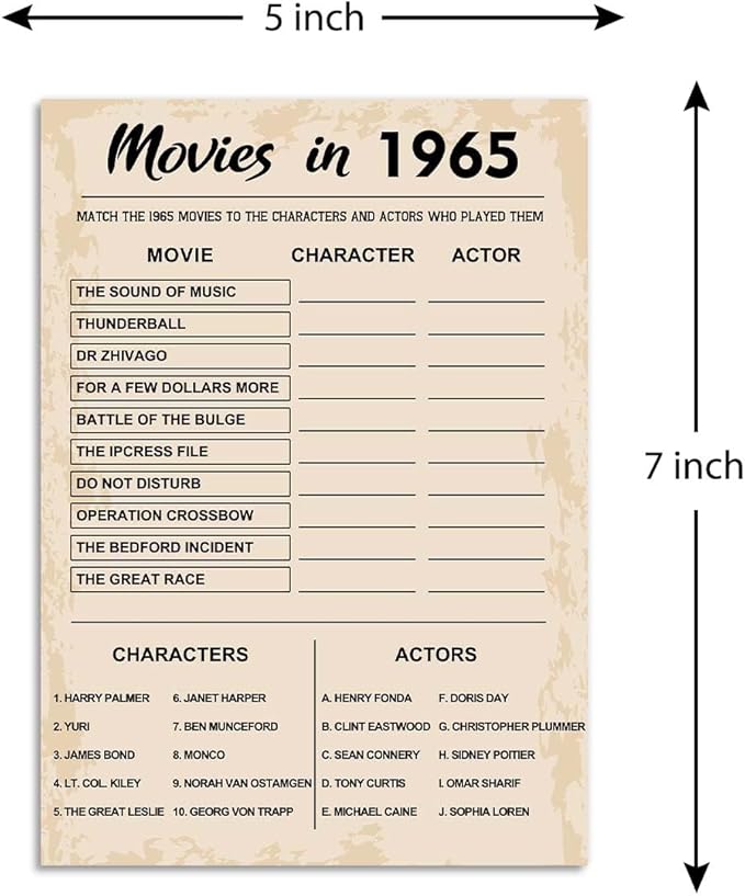 60th Birthday Party Games, Movies in 1965 Games, Birthday Party Supplies for Adults, Fun 1965s Party Game，Pack of 30 Cards