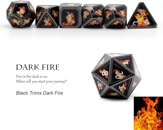 Haxtec Fire Bolt Real Scene Metal DND Dice Set Black Polyhedral Metal Dice for D&D Dungeons and Dragons Gifts TTRPG Games-Dark Fire
