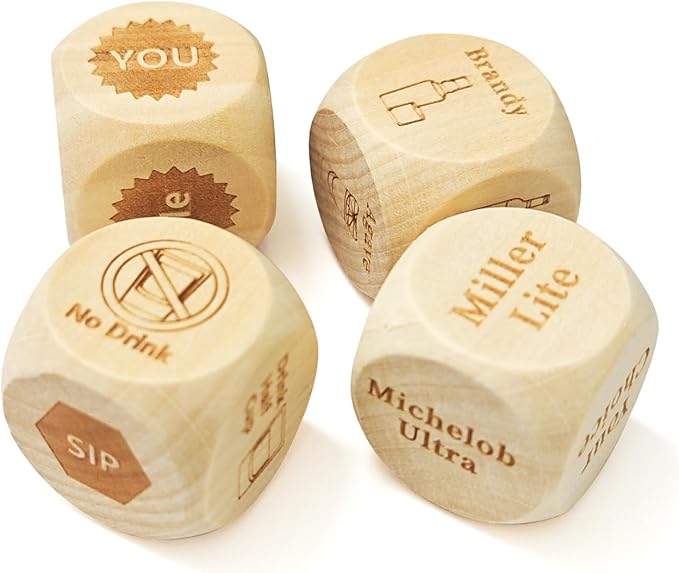 Wood Drinking Dice Game 4 Pcs - Adult Party Funny Games Dices 1.2inch - for Beer Resha Roulette Date Night Drinking Valentine's Day Bachelorette Wedding Graduation