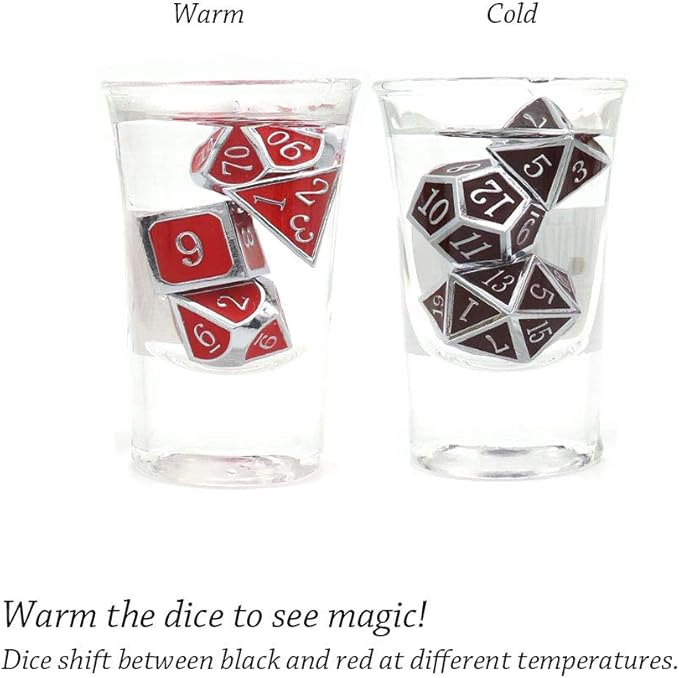 Haxtec Temperature Metal DND Dice Set Color Changing Polyhedral D&D Dice Set for RPG Dungeons and Dragons-Silver Black Red Shift