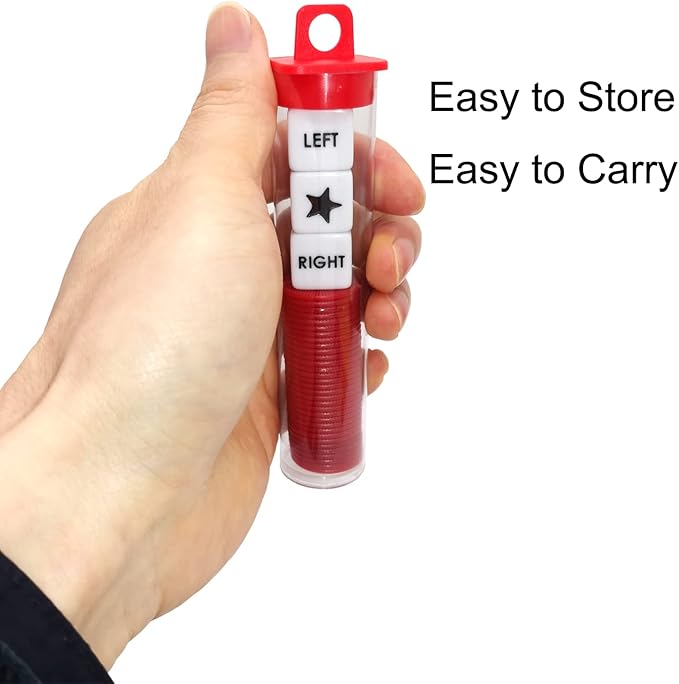 Left Right Center Dice Game Prime Set Bundle with 3 Dices + 36 Chips. Round Tube Storage is Very Convenient for Travel. Easy to Store, Carry Around. (Red)