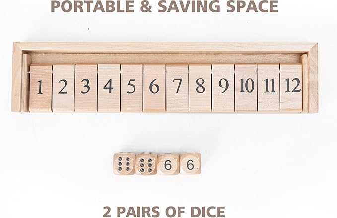 Shut The Box Dice Game Board Game | Travel Size 11'' Wooden | 12 Numbers | 2 Classic Dice & 2 Number Dice | Storage Bag | Instructions | Math Learning Classroom | Kids, Adults