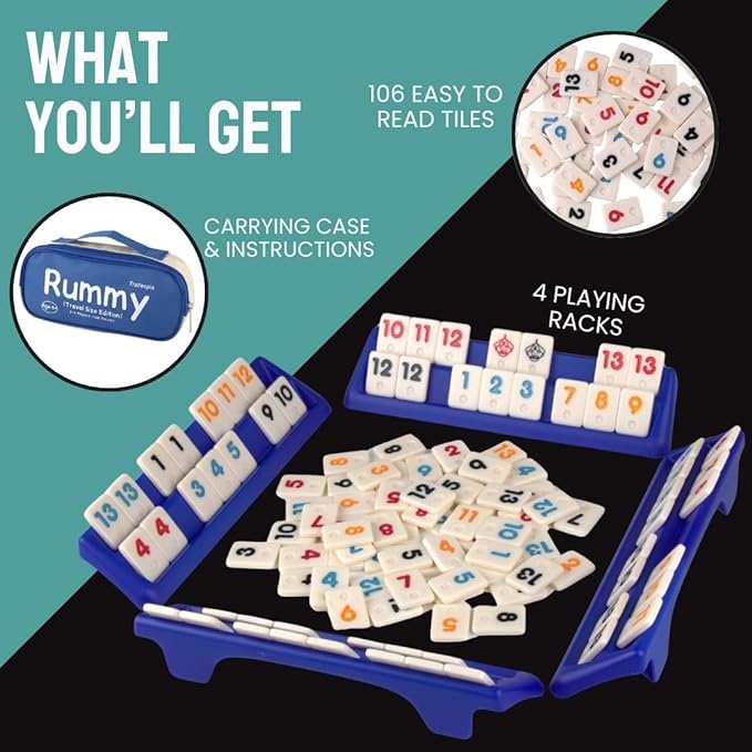 Travel Rummy Game Set, Includes 4 Sturdy Racks, and a Carrying Case, 106 Tiles Rummy, Suitable for Birthday, Anniversary, New Year
