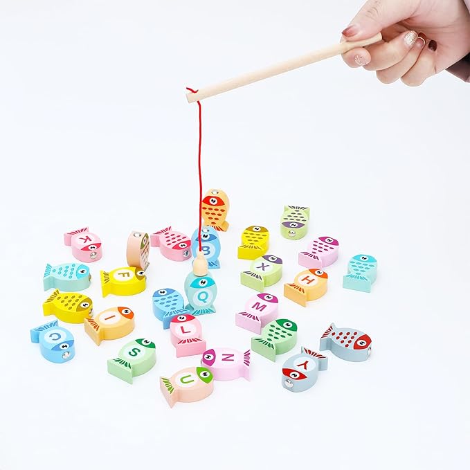 ONEST 28 Pieces Magnetic Fishing Game for Kids Wooden Magnet Fishing Game Wooden Magnetic Toys for Kindergarten Preschool Girl Boy