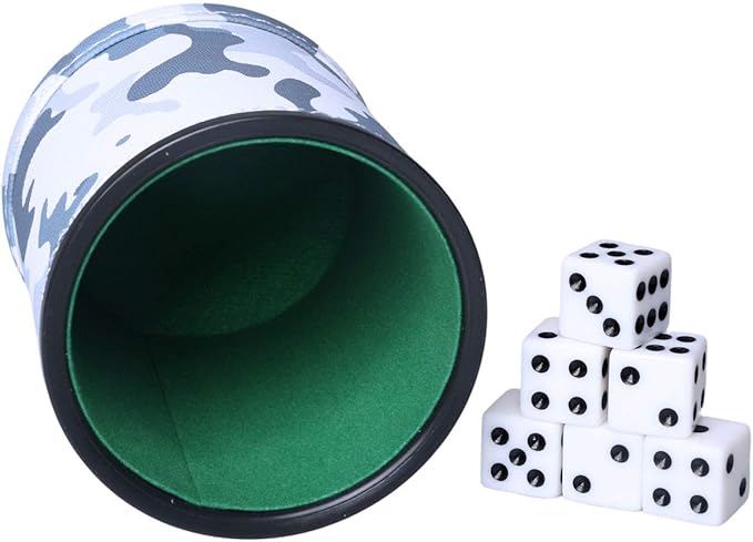 PU Leather Dice Cup with 6 Dice, Felt Lined Interior Quiet Shaker for Liars Dice/Farkle/Yahtzee Game, Camouflage Patterns