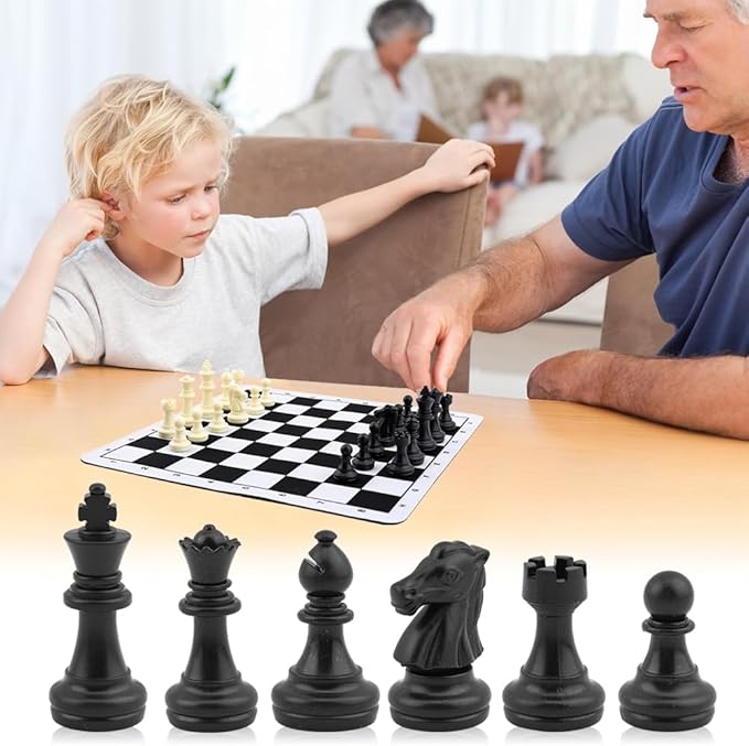 Portable Chess & Checkers Set, 235mm Tournament Roll Up Chess Board with Drawstring Bag, Folding Rollable Chess Set Travel Chess Set for Kids and Adults(Black)