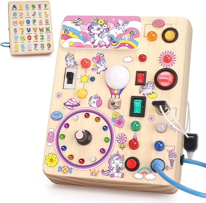 Unicorn Busy Board with LED Light，Montessori Toy for 1+ Year Old，Engaging Sensory Board for Fine Motor Skills,Gifts & Travel Toys for Toddlers 1-3,Busy Board Plus Version.