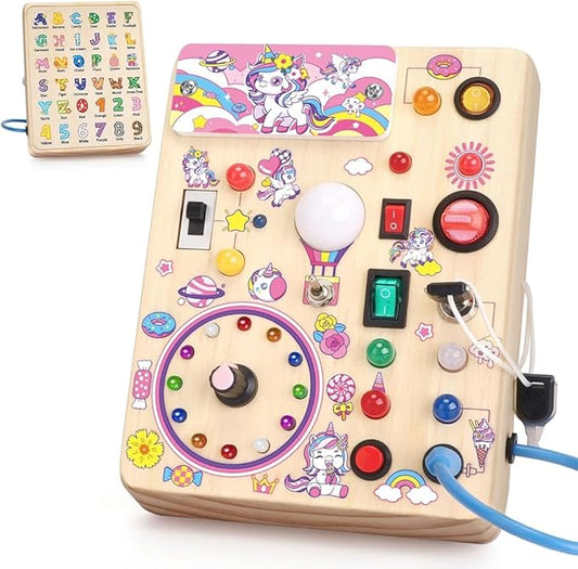 Unicorn Busy Board with LED Light，Montessori Toy for 1+ Year Old，Engaging Sensory Board for Fine Motor Skills,Gifts & Travel Toys for Toddlers 1-3,Busy Board Plus Version.