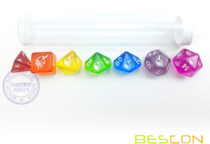 Bescon Colorful Unicorns Rainbow Sparkled Polyhedral D&D Dice Set of 7 RPG Role Playing Game Dice 7pcs Set