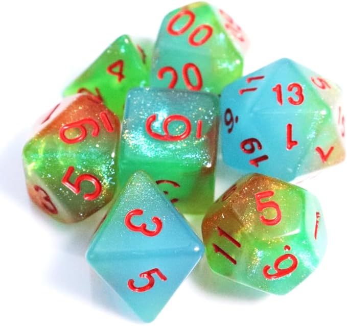 DND Dice Set with Dragon Totem Metal Gife Case, Dungeons and Dragons Dice Set,Polyhedral Dice Set Filled with Shiny Glitters,Role Playing Games and Tabletop Games (Green&Sky Luminous)
