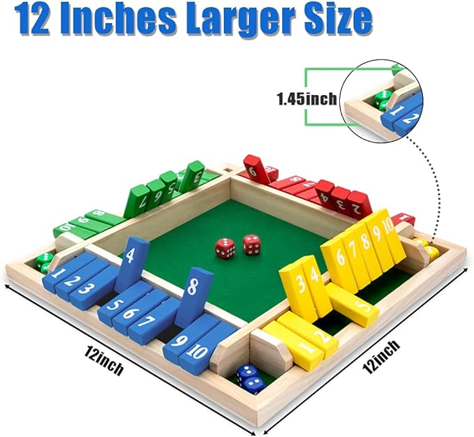 Shut The Box Game, 12 Inches Family Wooden Board Table Math Dice Games for Adults and Kids, 2-4 Player Classics Tabletop Version Games for Classroom,Home,Party or Pub