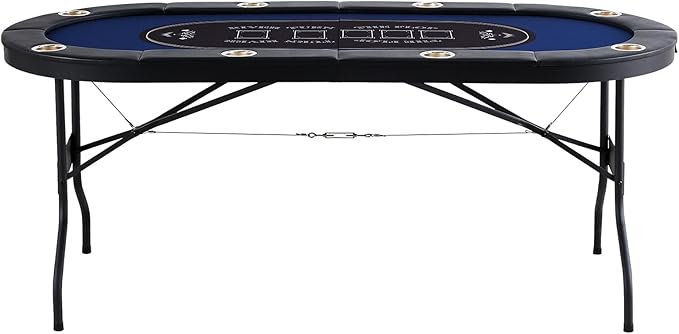 VEVOR Foldable Poker Table for 8 Player, Blackjack Texas Holdem Table with Padded Rails and Stainless Steel Cup Holders, 72" Oval Casino Leisure Table,Blue,Portable Folding Card Board Game Table