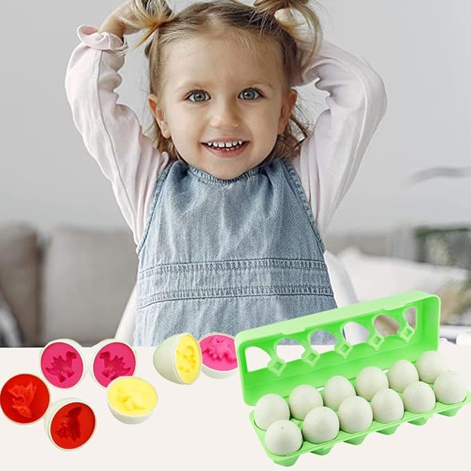 Dimple 12 Dinosaur Egg Matching Toy Play Matching Eggs Easter Toy w/Holder - Egg Toys for Toddlers STEM Egg Toys - Colors & Shapes Recognition for Kids -Educational Color Sorting Toy